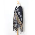 Autumn winter geometric pattern tassel poncho shawl, versatile women warm cozy wrap scarf. - 19# Khaki & Black