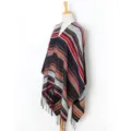 Women winter geometric pattern tassel poncho shawl casual warm cardigan outerwear variant - 23# Dark Coffee & Navy