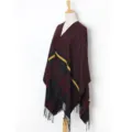 Women's Winter Knitted Open Poncho Shawl Geometric Fringe Warm Winter Cloak Scarf - No. 28 Dark Red