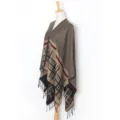 Women winter warm cape shawl, classic plaid herringbone split cloak with fringe trim. - No. 31 Khaki