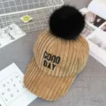 Casquette de baseball en velours côtelé avec broderie et pompon pour l'automne et l'hiver. - Adulte / Kaki