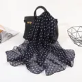 Navy blue polka dot imitation silk scarf, elegant neckerchief and stylish lightweight shawl. - Small Polka Dots Navy with White Dots