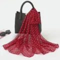 Red polka dot imitation silk scarf, stylish neck accessory and sun protection wrap for women. - Small Polka Dots Wine Red with White Dots