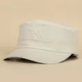 Beige flat top military cap detail view, classic casual outdoor hat for men and women daily wear. - One Size / Beige