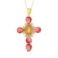 Collana croce placcata oro dettaglio, con zirconi rossi e ciondolo a rilievo religioso. - Stile 5 (Solo Ciondolo)