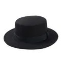 Black flat top fedora hat detail view, classic retro jazz hat for stylish autumn winter wear. - One Size / Black