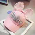 Cute kids pink baseball cap with pearl lace bow and rhinestone lettering for summer sun protection. - One Size / Pink