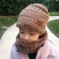 Ensemble bonnet et écharpe en tricot doublé polaire pour enfants, bonnet d'hiver chaud marron. - Taille unique / Ensemble Bonnet et Cache-col / Kaki