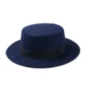Classic navy blue flat top wool felt hat with black ribbon band, elegant vintage jazz cap. - One Size / Navy Blue