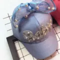 Kids baseball cap with bow lace pearls cute baby summer sun hat breathable mesh visor - One Size / Blue