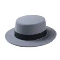 Grey wool boater hat detail view showcasing flat top crown and elegant black ribbon band texture. - One Size / Gray
