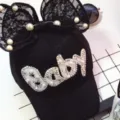 Kids black baseball cap with pearl lace bow and sparkly baby letter for summer outdoor wear - One Size / Black