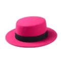 Pink flat top hat wool felt vintage jazz hat winter british style retro fashion headwear - One Size / Rose Red