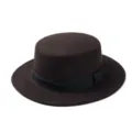 Close-up detail of a classic dark brown flat top fedora hat with a black ribbon band. - One Size / Coffee