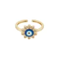 Bague ouverte plaquée or avec un motif œil maléfique en émail bleu et zircons étincelants. - Ouvert Réglable / Style Mauvais Œil Pétale Strass (Style 14)
