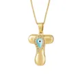 Collana con Pendente Lettera T Gonfia Placcata Oro con Occhio Malvagio Smalto Blu Strass - Lettera T