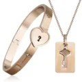 Rose goudkleurig roestvrij staal hart slot armband en sleutelhanger ketting sieraden set. - Roségouden set [armband & ketting]