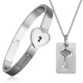 Roestvrijstalen paar slot armband en sleutel ketting set, stijlvol zilveren sieraden cadeau. - Staalkleurige set [armband & ketting]
