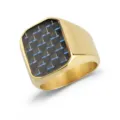 Anillo de sello de acero de titanio dorado para hombre con fibra de carbono y azul. - Talla 10 / Rectángulo / Negro