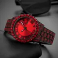 Luxury red rhinestone hip hop watch for men and women with black metal strap and dial. - Hiphop Iced Out Style / Red