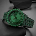 Luxury iced out green rhinestone watch for men and women, stylish hip hop quartz timepiece. - Hiphop Iced Out Style / Green