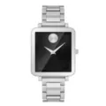 Minimalist square quartz watch for men with silver stainless steel strap and black dial. - Silver-Black