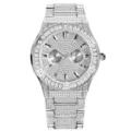 Men luxury iced out quartz watch with crystal diamond paved dial and bezel, steel bracelet detail. - White