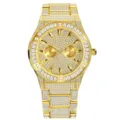 Gold iced-out men's quartz watch detail, large paved dial with sparkling crystal bezel. - Gold