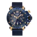 PLADEN men quartz watch large blue dial gold numerals chronograph mesh steel strap - Blue