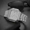 Men luxury iced out square quartz watch with glittering rhinestones and silver steel bracelet. - Silver