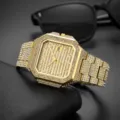 Men luxury square iced out quartz watch gold tone hip hop rhinestone bracelet wristwatch - Gold