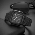 Men's luxury black iced out square quartz watch with dazzling rhinestones and metal bracelet. - Black