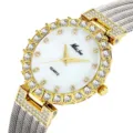 Women luxury rhinestone quartz watch with gold bezel and silver mesh strap for elegant daily look - Two-tone (Gold & Silver)