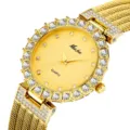 Gold women quartz watch with crystal diamond bezel and mesh strap luxury timepiece. - Gold