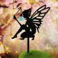 Iron fairy garden stake with luminous lantern, outdoor lawn decor silhouette ornament. - Fairy Garden Stake Combination / Blue