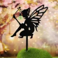 Black metal iron fairy garden stake with glowing lantern, outdoor lawn and yard art decor. - Fairy Garden Stake Combination / Green