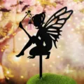 Iron fairy garden stake with lantern, outdoor lawn yard art decor, black metal silhouette sculpture - Fairy Garden Stake Combination / Pink