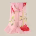 Roze chiffon sjaal met rode rozen bloemenprint, lichte zomerse zonbeschermingsdoek. - 150*50cm / Roze