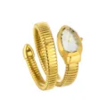 Gold snake wrap quartz watch for women with rhinestone paved snake head dial and metal band. - Gold White