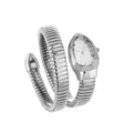Luxury silver snake wrap-around quartz women watch featuring sparkling rhinestone dial. - Silver White