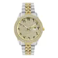 Detailed view of the luxury iced out rhinestone quartz men watch with arabic numerals dial. - Two-tone (Gold & Silver)