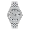 Silver iced out quartz watch for men with Arabic numerals and dazzling rhinestone dial design. - Silver
