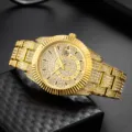 Luxury gold iced out quartz watch with sparkling diamond paved dial and bezel for men - Gold