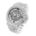 Luxury men full diamond automatic mechanical watch with skeleton dial and metal bracelet. - Silver White