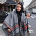 Autumn winter imitation cashmere hooded shawl, retro striped fringe cape scarf for women. - Tops / One Size / Light Gray