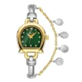 Luxury women quartz watch with horseshoe green dial, unique metal chain strap and floral charms. - Two-tone Gold Green Dial