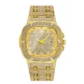 Luxury gold full diamond hip-hop men's quartz watch with square dial and calendar display. - Gold