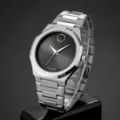 Men quartz watch with solid stainless steel strap, dark grey minimalist dial and elegant style. - White Black