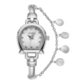 Missfox silver quartz watch for women, unique horseshoe case with floral chain bracelet variant. - Silver