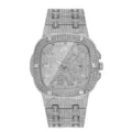Men Iced Out Silver Watch Hip Hop Bling Diamond Quartz Wristwatch Square Bezel Luxury - Silver